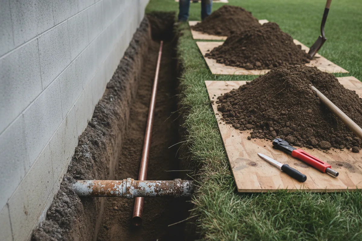 Excavated water line trench during Water Softener Installation in Vanderbilt